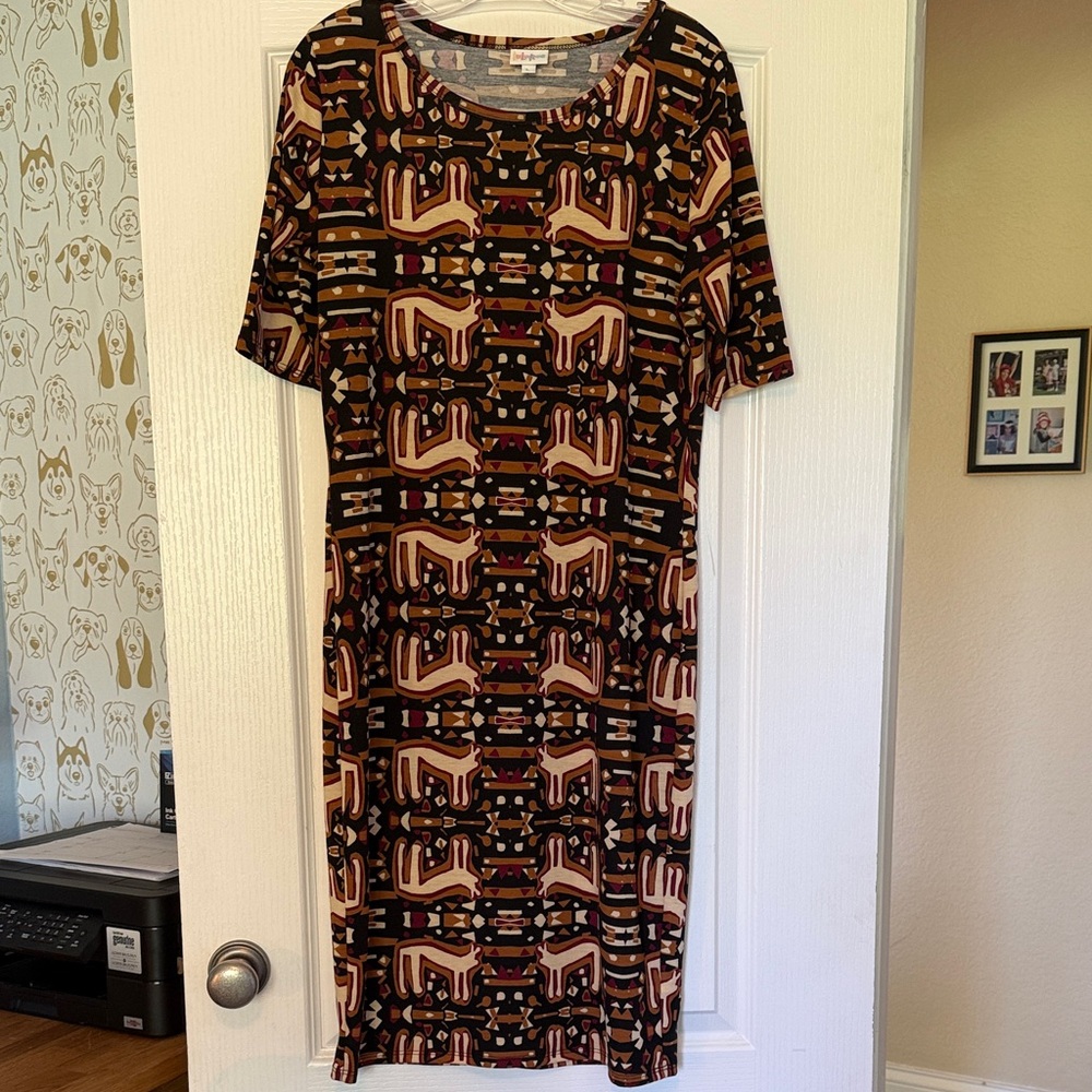 LuLaRoe Black and Brown Geometric Midi Dress